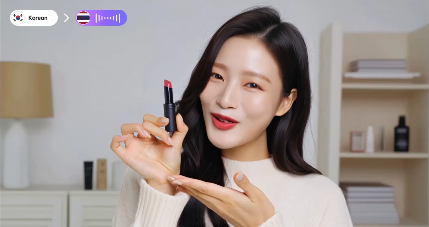 VMEG dubbing a Korean beauty creator's video into Thai with the cloned voice indicator visible