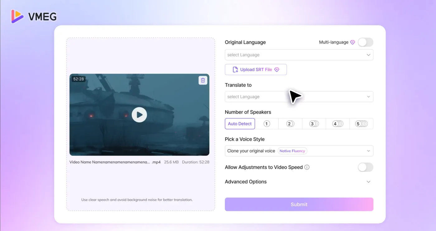 VMEG tutorial step 2: the upload screen with language selection, number of speakers and voice style options