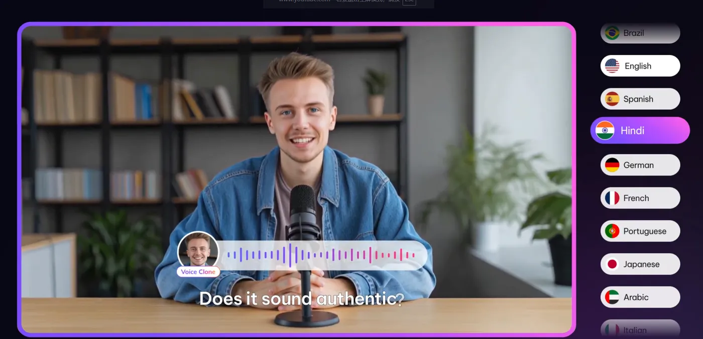 VMEG voice clone demo translating one presenter video into a dozen languages